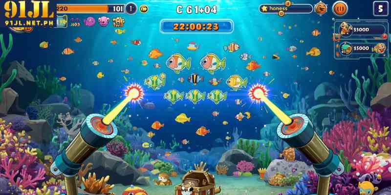 Underwater fishing arcade gameplay with cannons and fish
